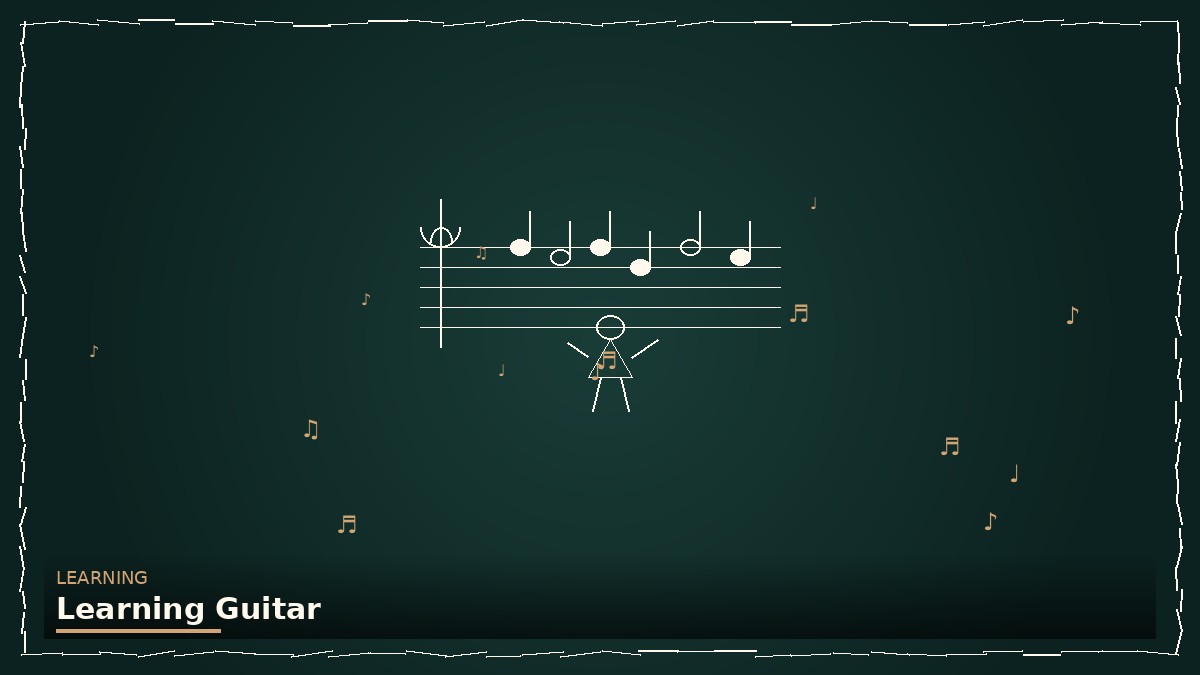 A beginner holding an acoustic guitar with a chord diagram sheet in the background